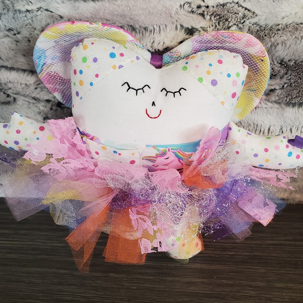 Handmade Toothfairy 9" Pillow Colorful Rainbow Wearing Tutu Embroidered Face
